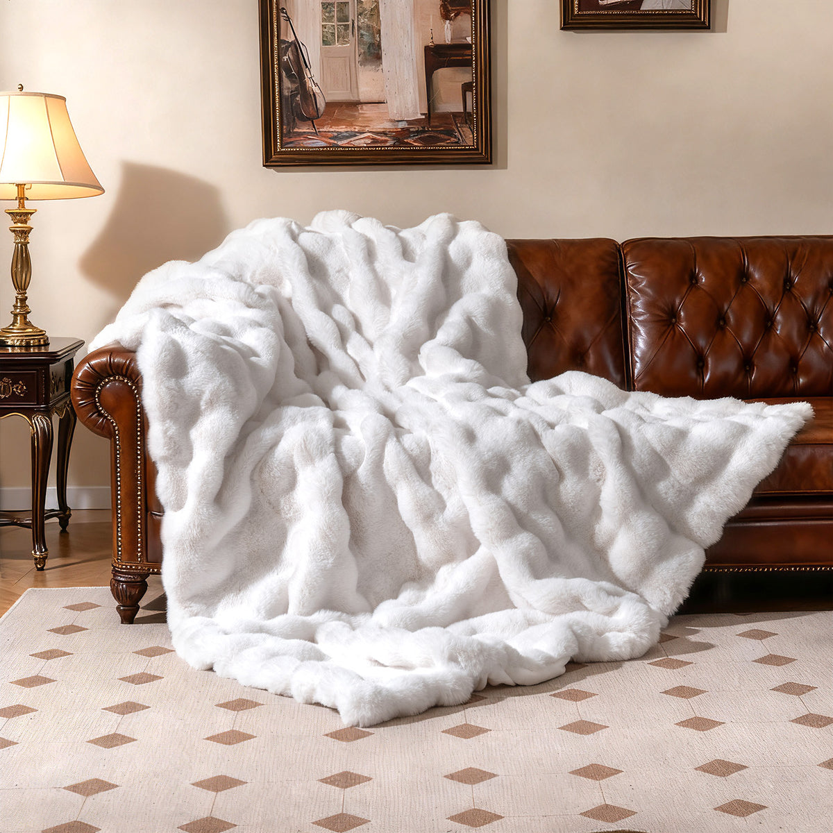 Fuzzy Plush Faux Rabbit Fur Throw Blanket, White