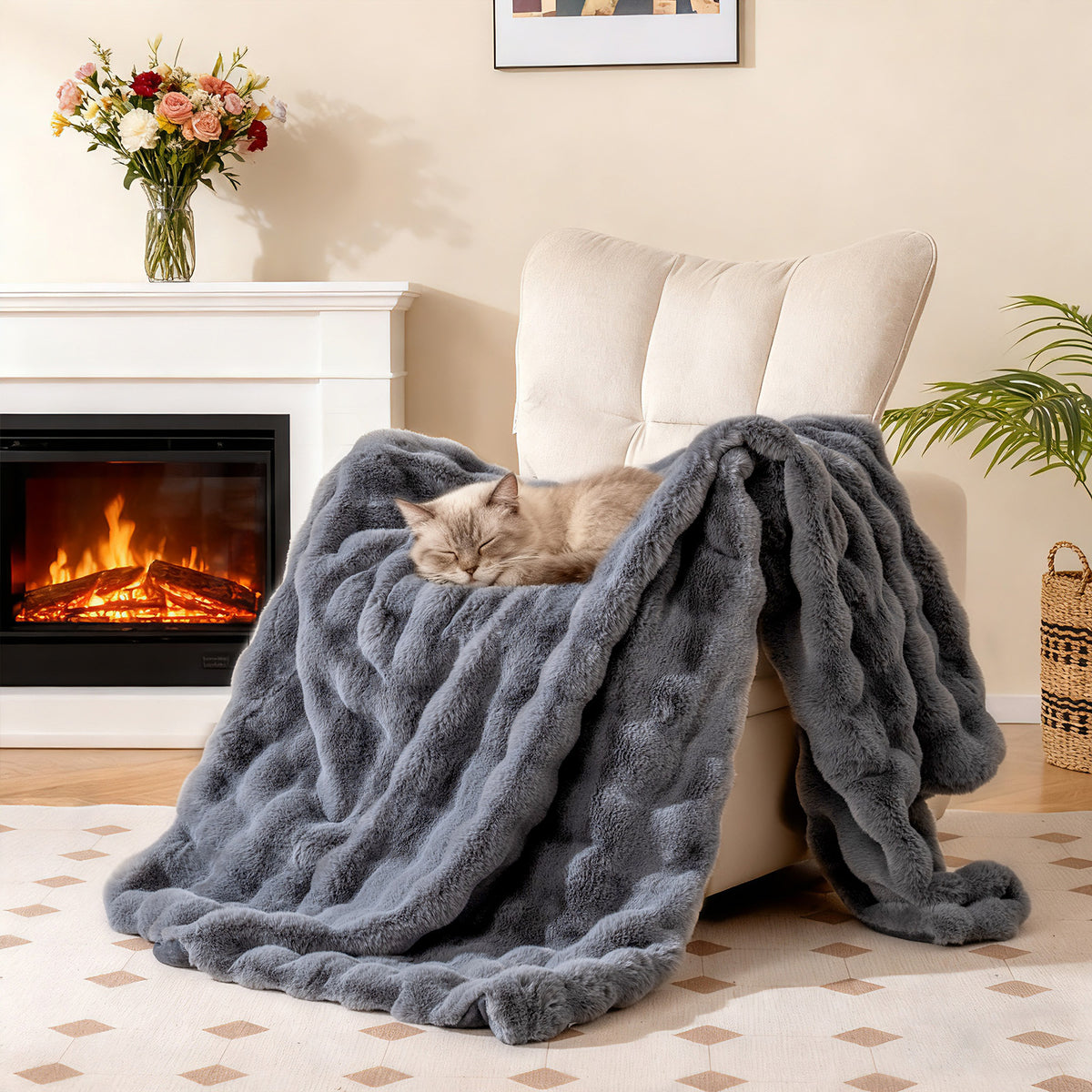 Fuzzy Plush Faux Rabbit Fur Throw Blanket – Gray