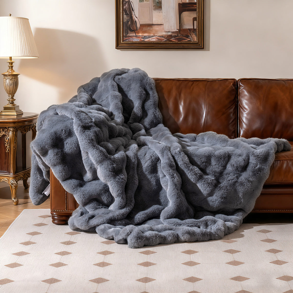 Fuzzy Plush Faux Rabbit Fur Throw Blanket – Gray