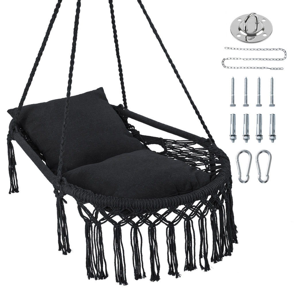 Macrame Swing Chair Hammock with 2 Cushions - Black