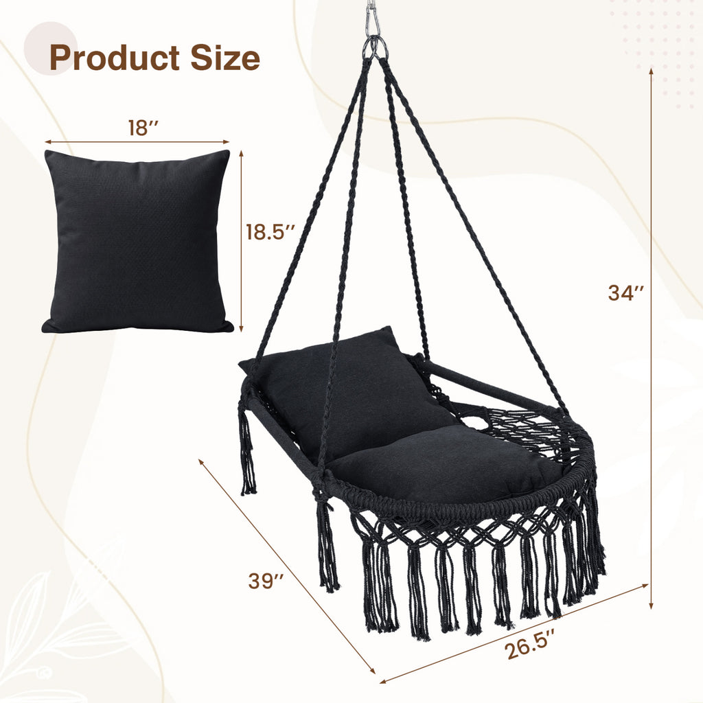Macrame Swing Chair Hammock with 2 Cushions - Black