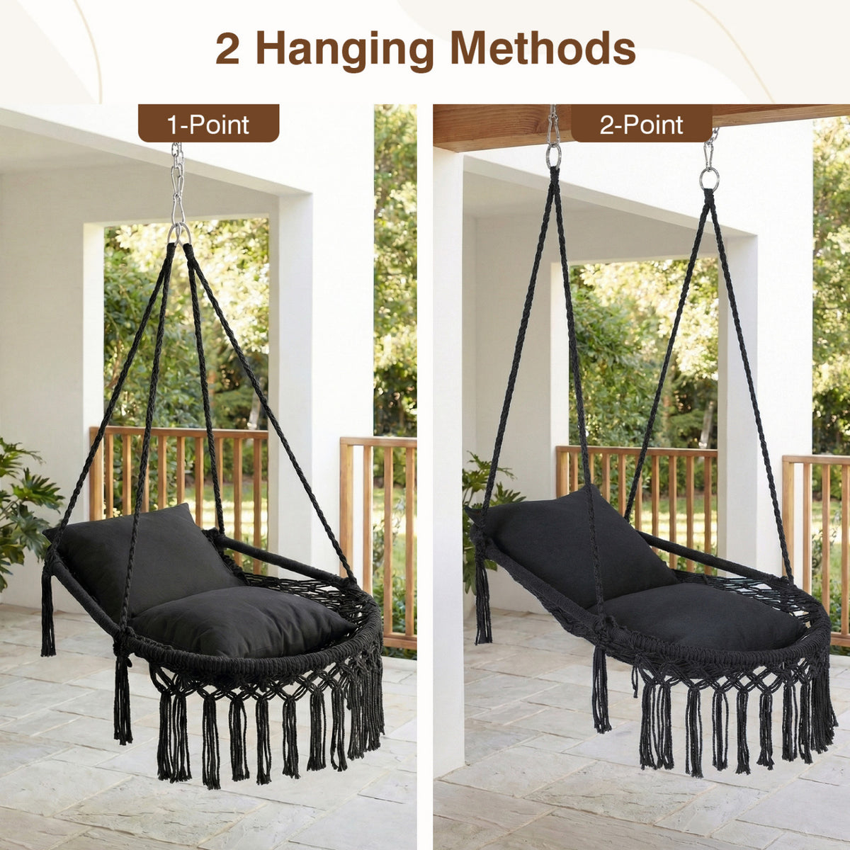 Macrame Swing Chair Hammock with 2 Cushions - Black