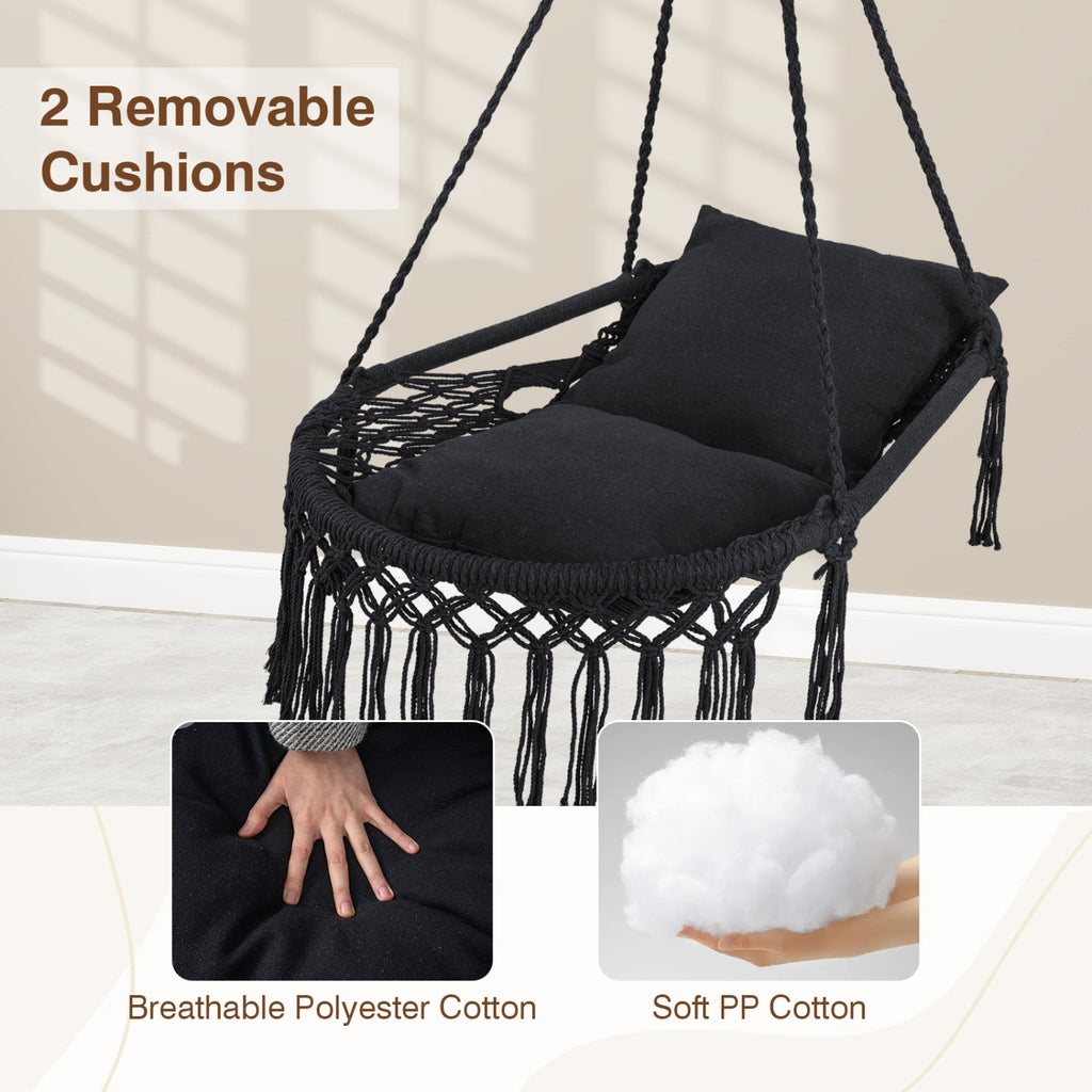 Macrame Swing Chair Hammock with 2 Cushions - Black