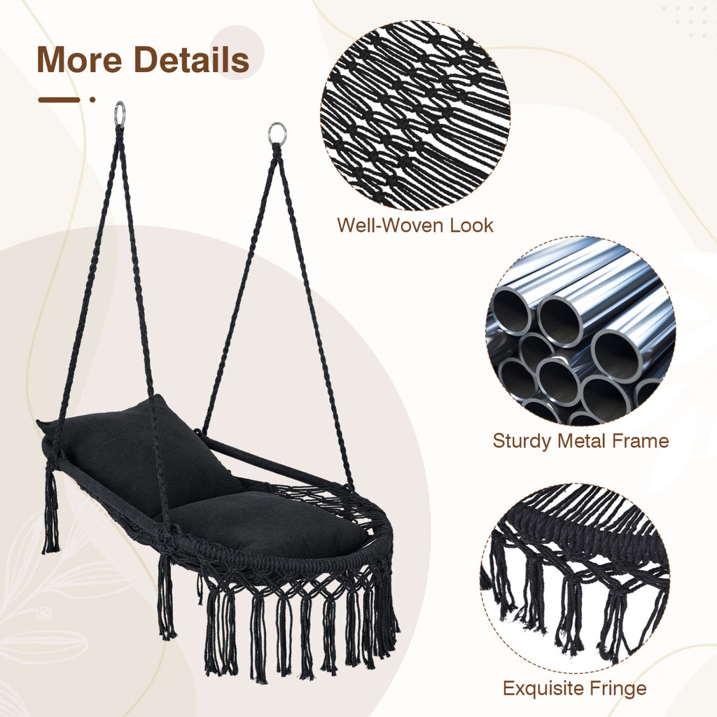 Macrame Swing Chair Hammock with 2 Cushions - Black