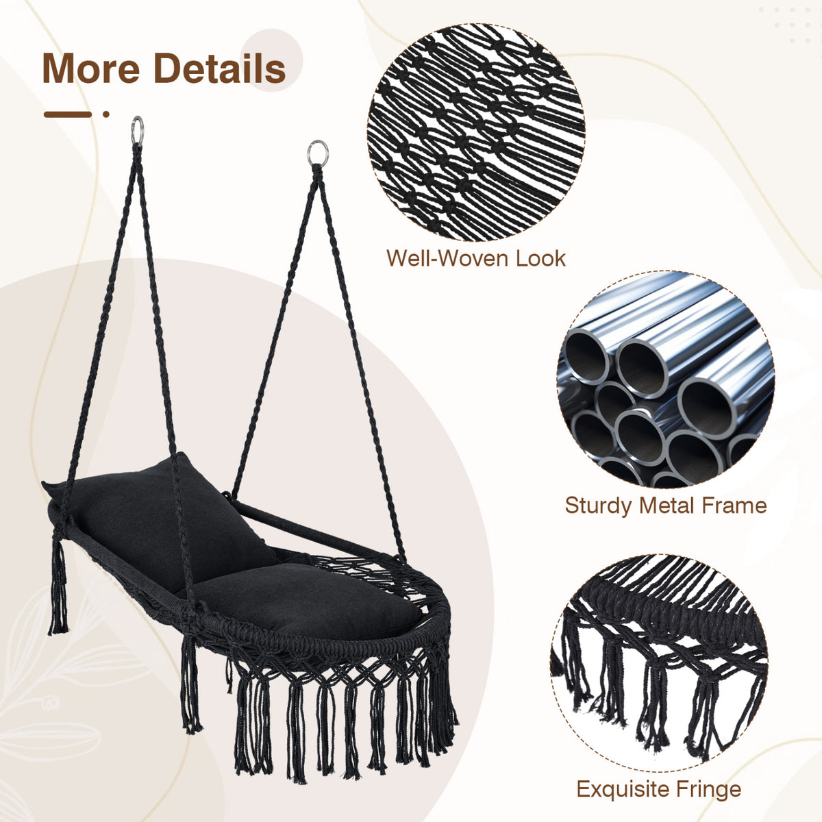 Macrame Swing Chair Hammock with 2 Cushions - Black