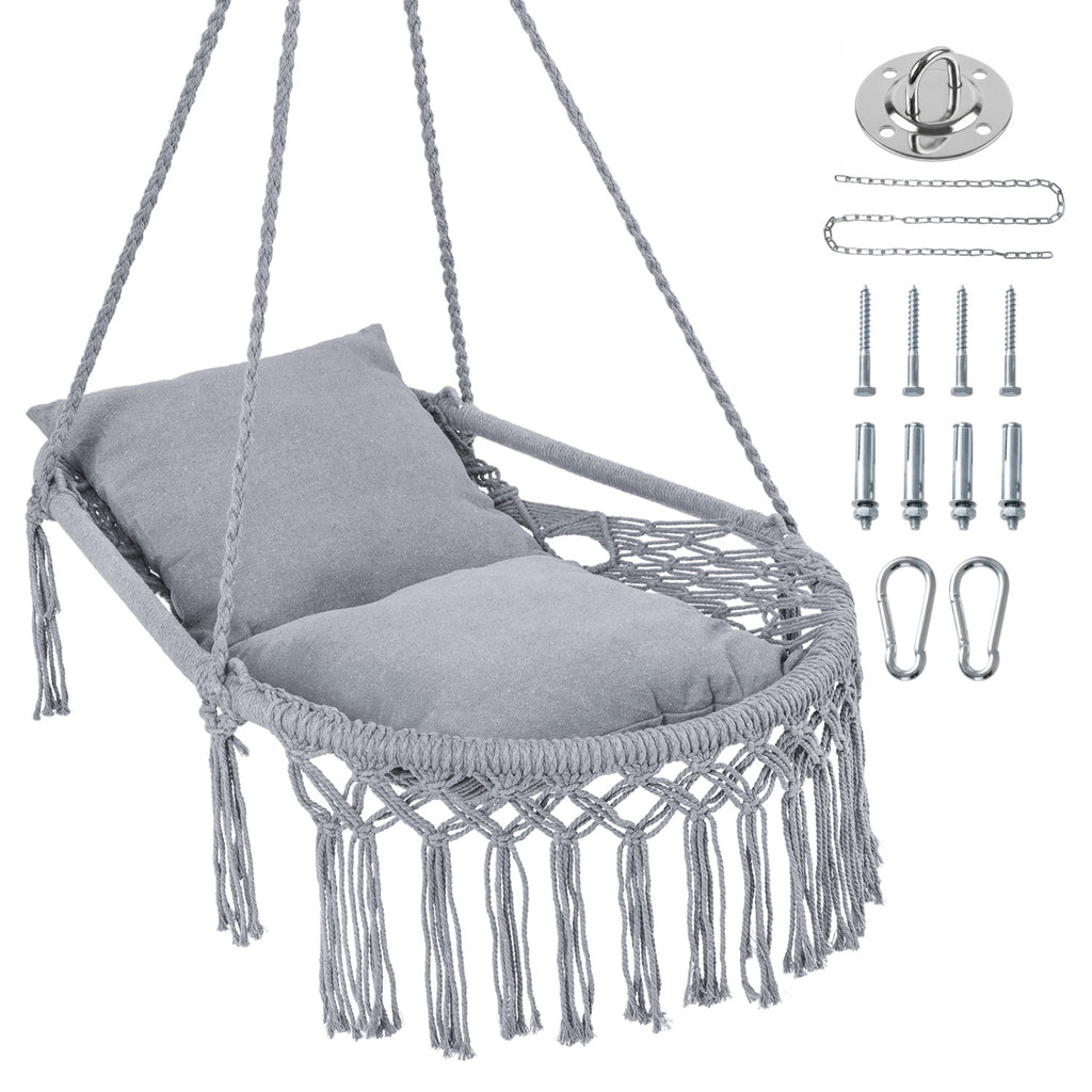 Macrame Swing Chair Hammock with 2 Cushions - Gray