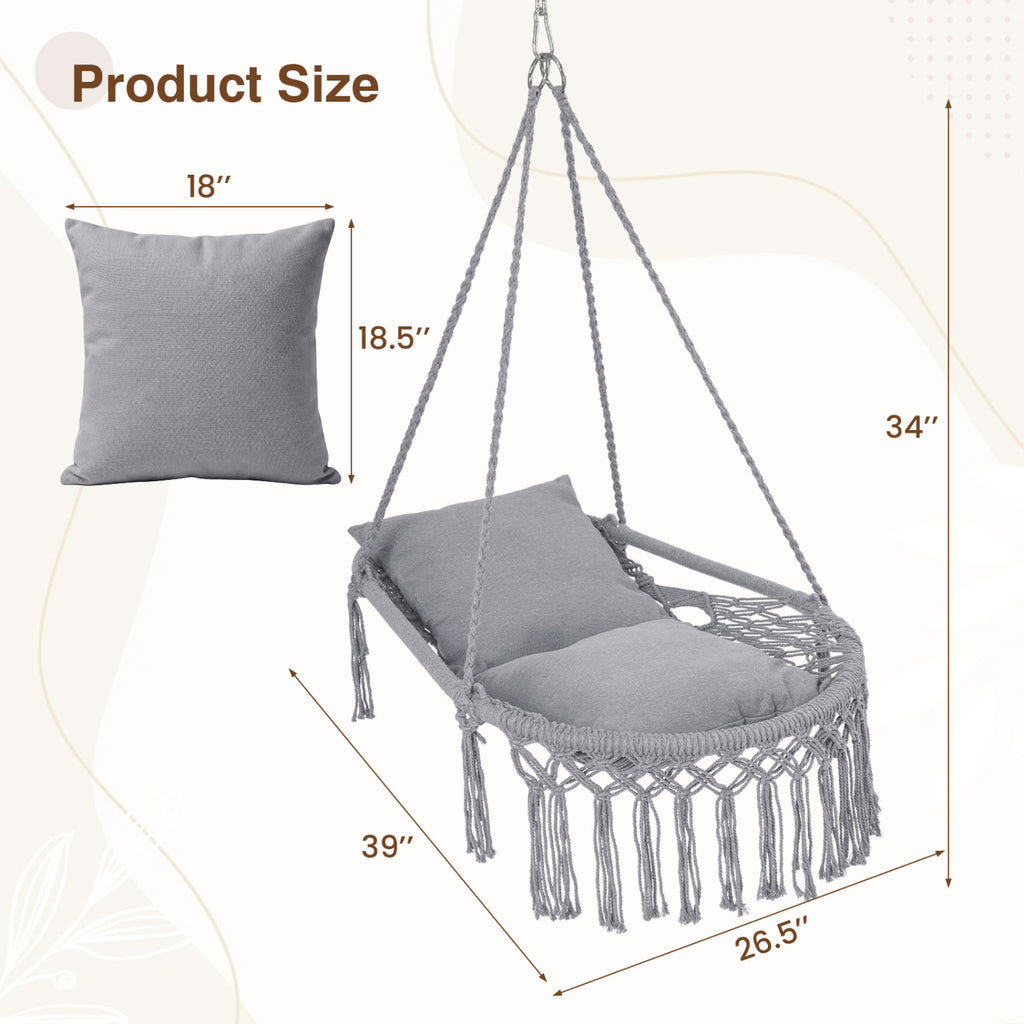 Macrame Swing Chair Hammock with 2 Cushions - Gray