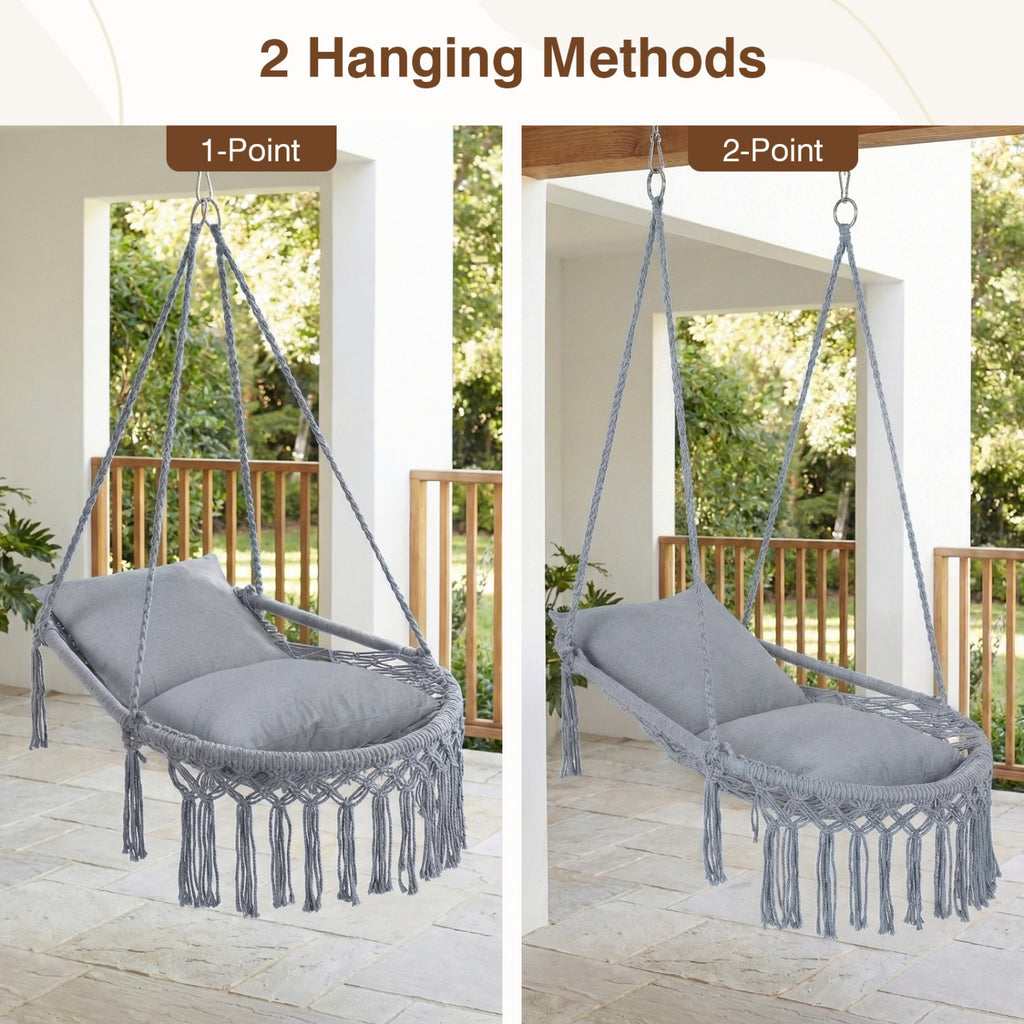 Macrame Swing Chair Hammock with 2 Cushions - Gray