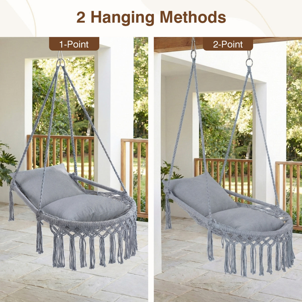 Macrame Swing Chair Hammock with 2 Cushions - Gray