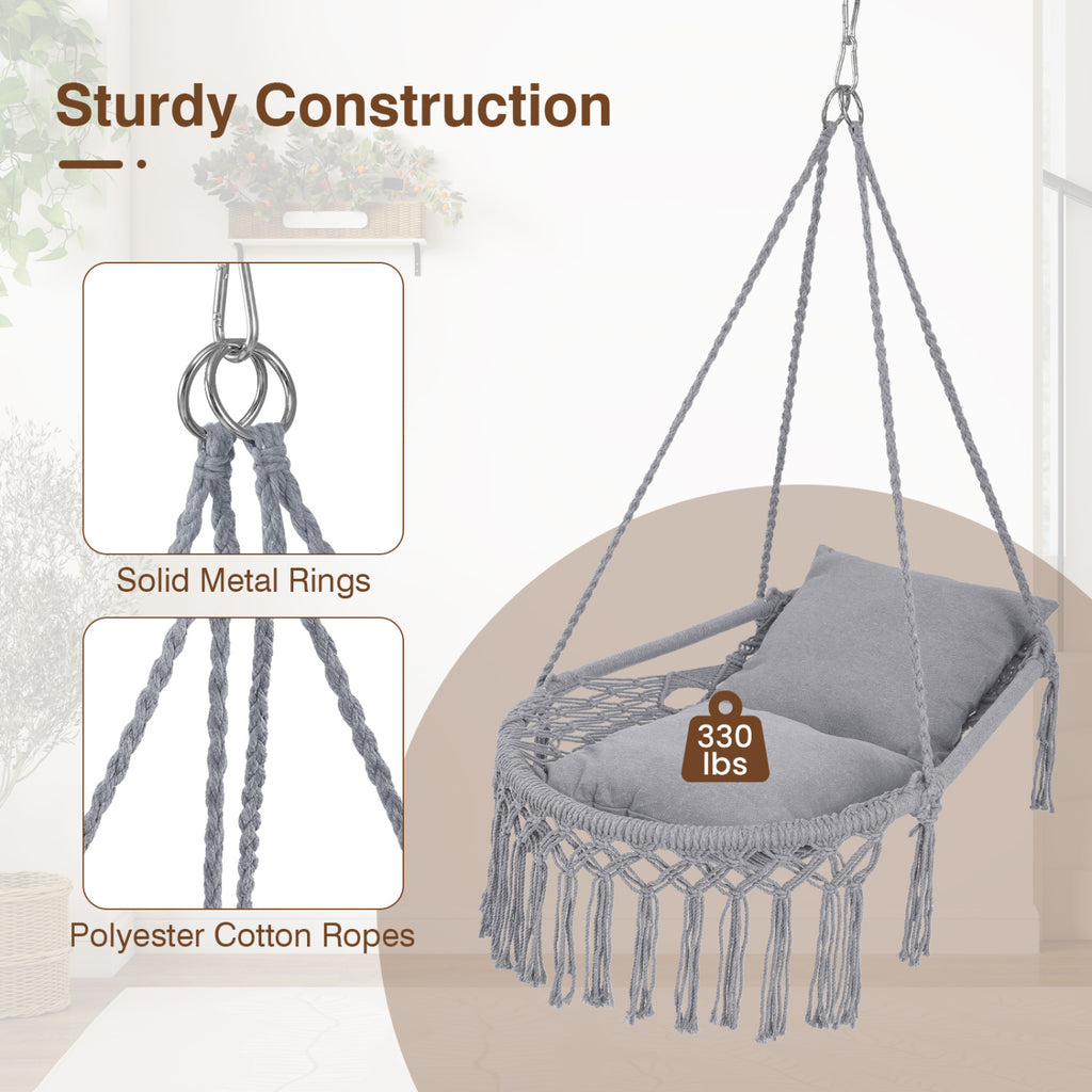 Macrame Swing Chair Hammock with 2 Cushions - Gray