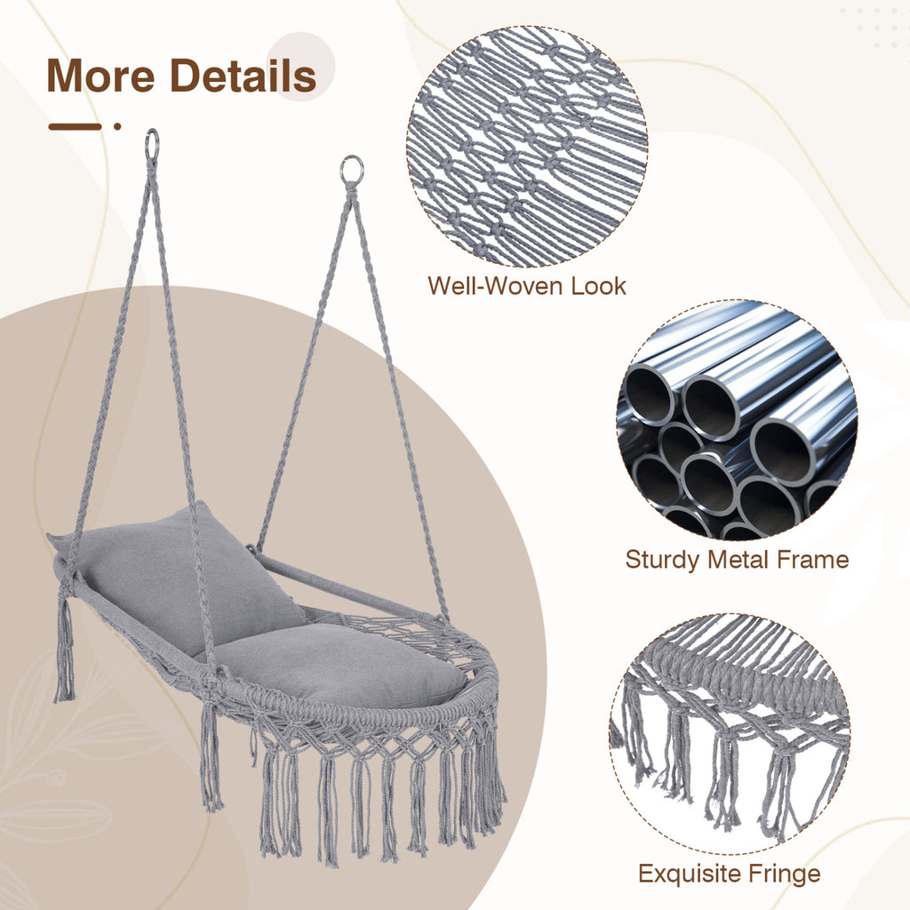 Macrame Swing Chair Hammock with 2 Cushions - Gray