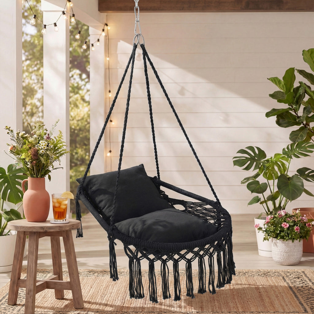Macrame Swing Chair Hammock with 2 Cushions - Black