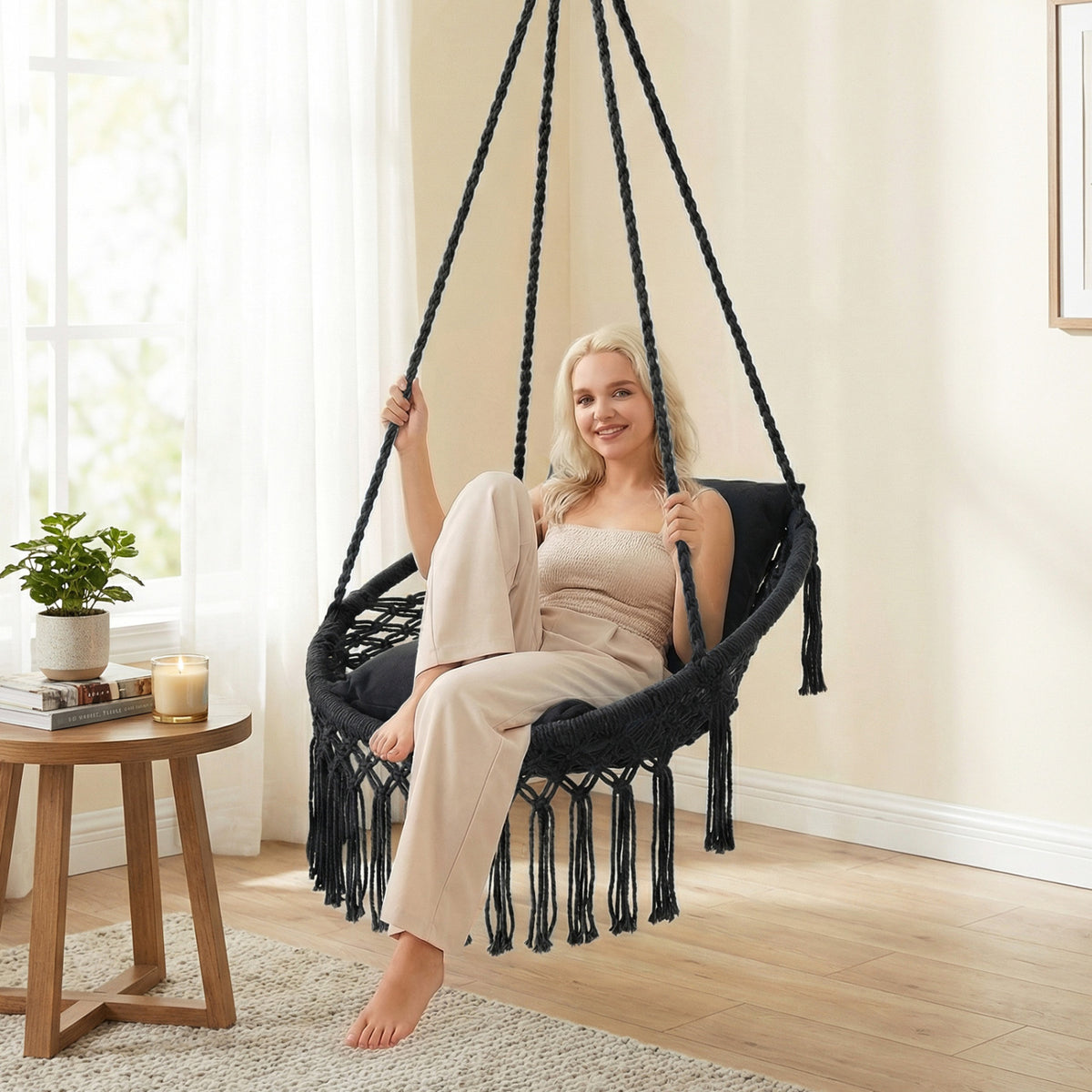 Macrame Swing Chair Hammock with 2 Cushions - Black