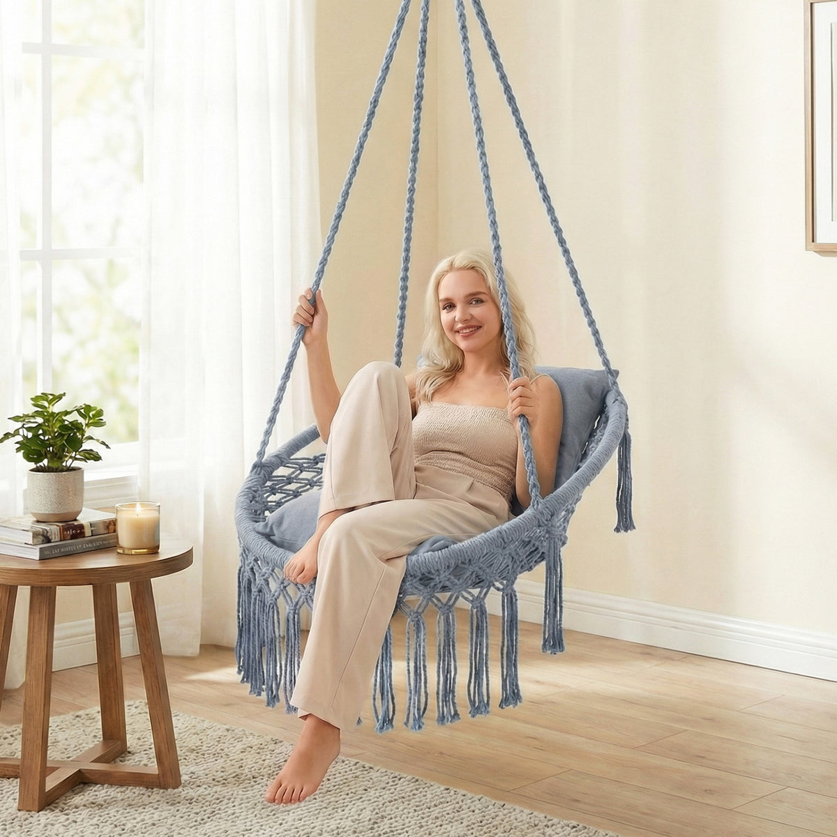Macrame Swing Chair Hammock with 2 Cushions - Gray