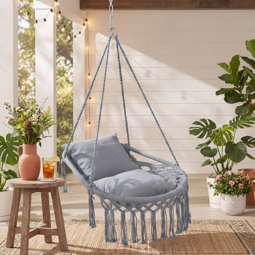 Macrame Swing Chair Hammock with 2 Cushions - Gray