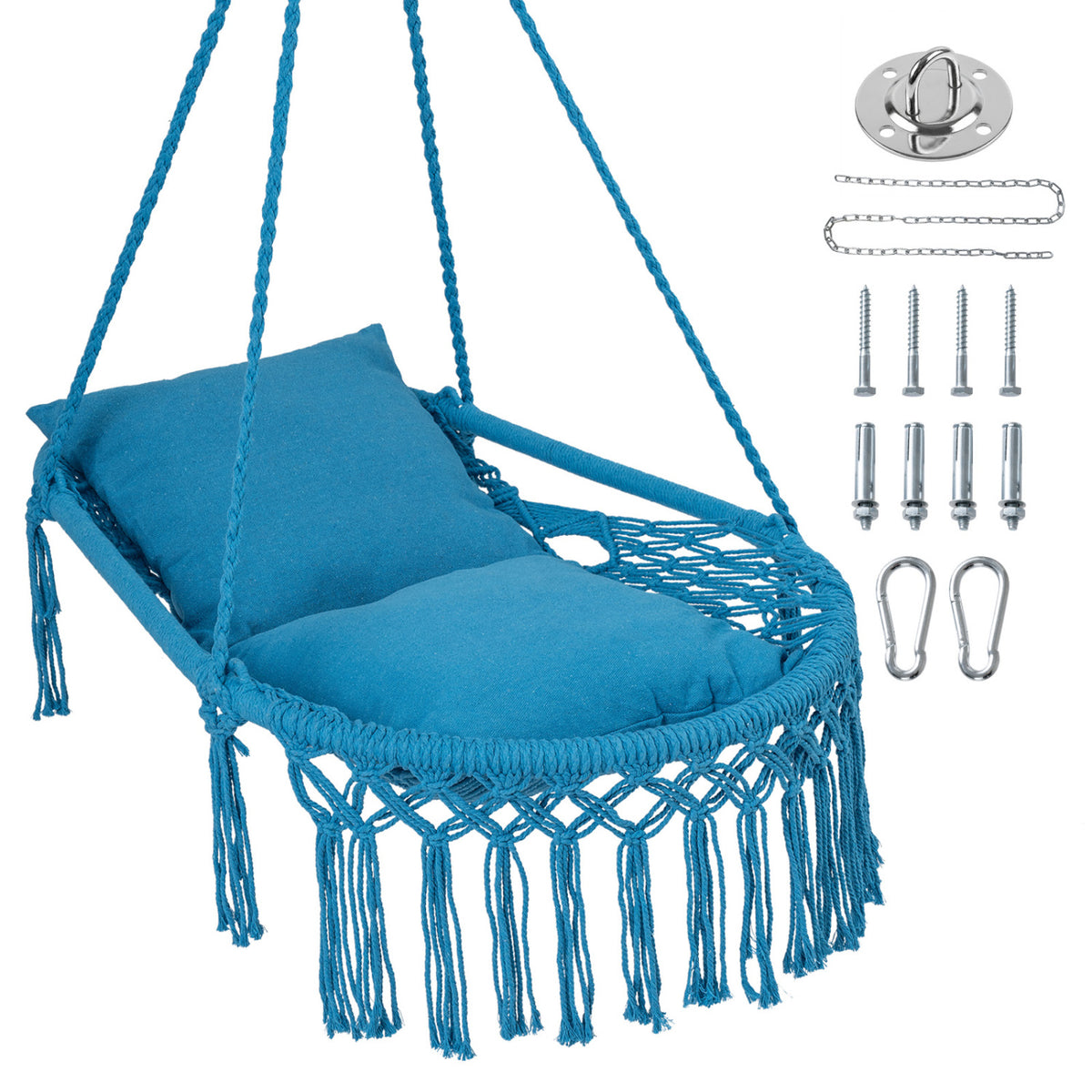 Macrame Swing Chair Hammock with 2 Cushions - Navy