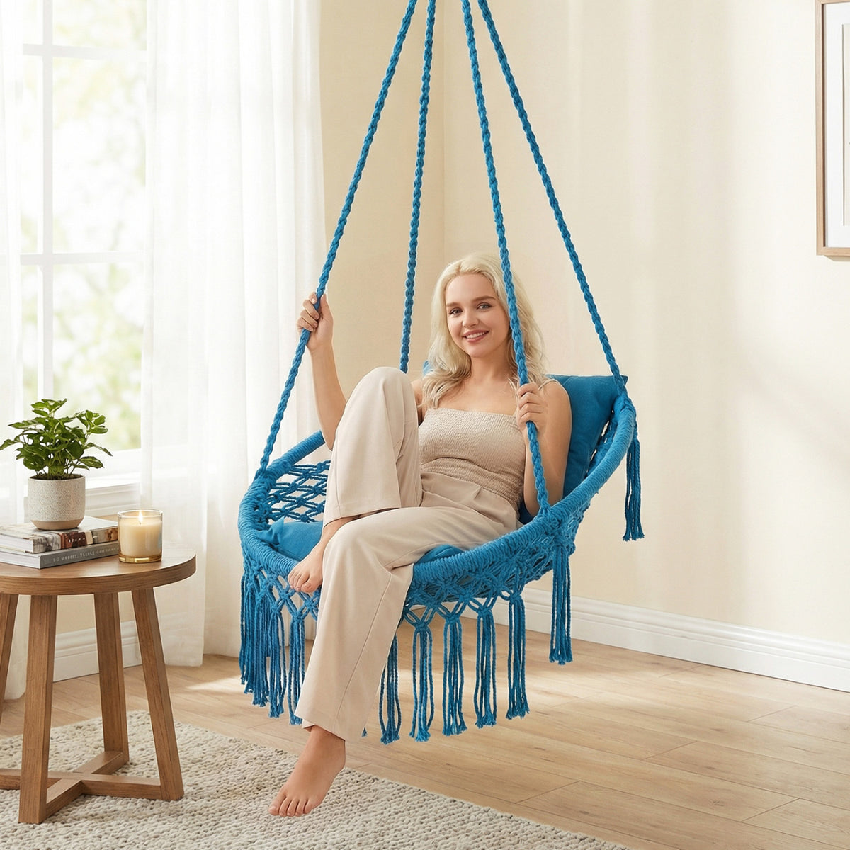 Macrame Swing Chair Hammock with 2 Cushions - Navy