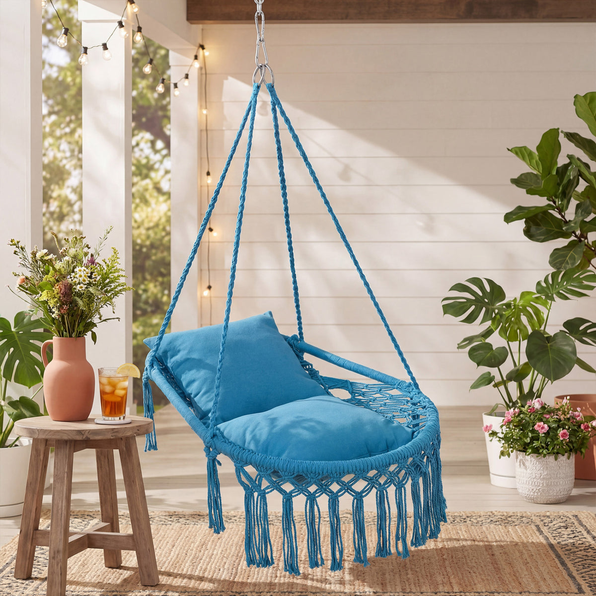 Macrame Swing Chair Hammock with 2 Cushions - Navy