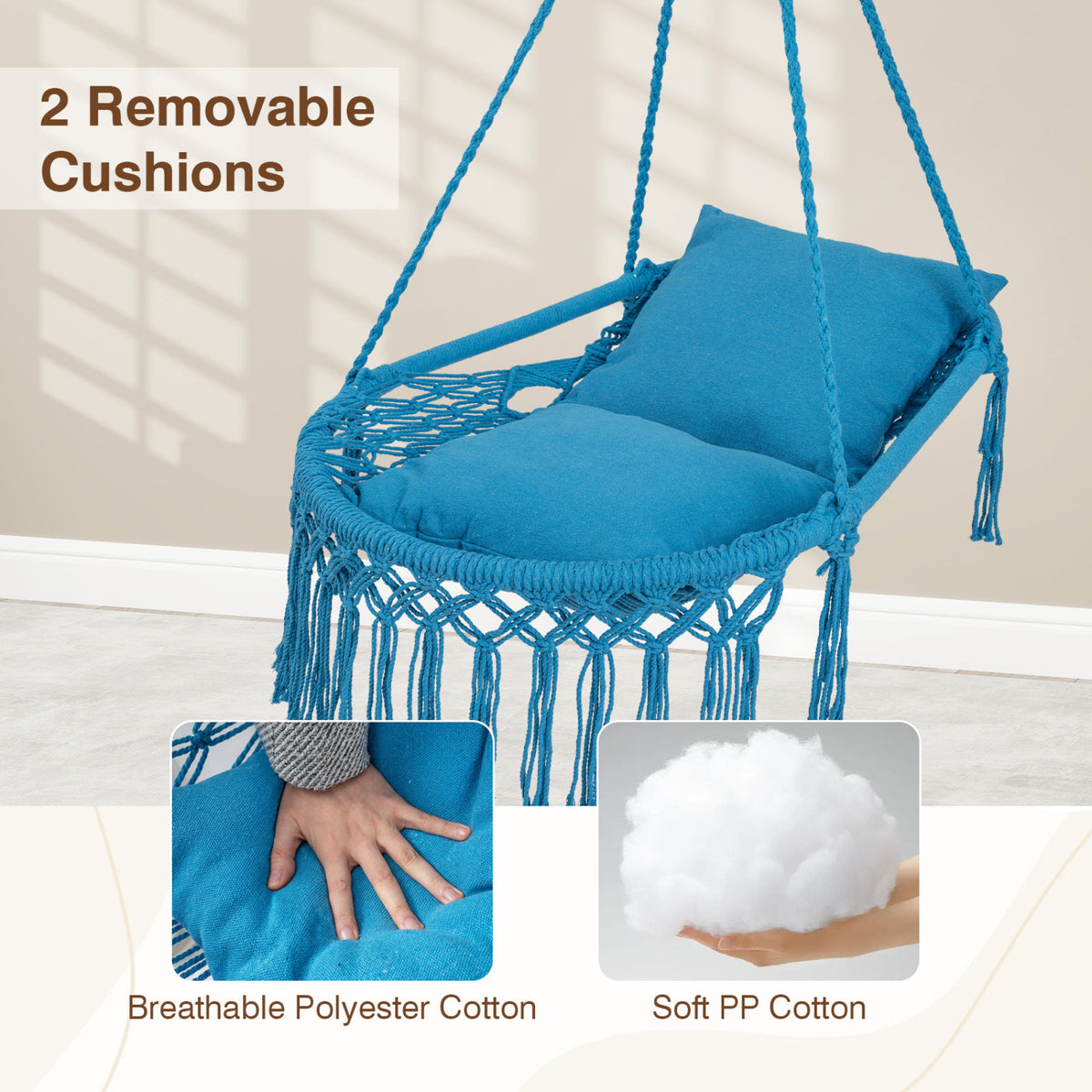 Macrame Swing Chair Hammock with 2 Cushions - Navy
