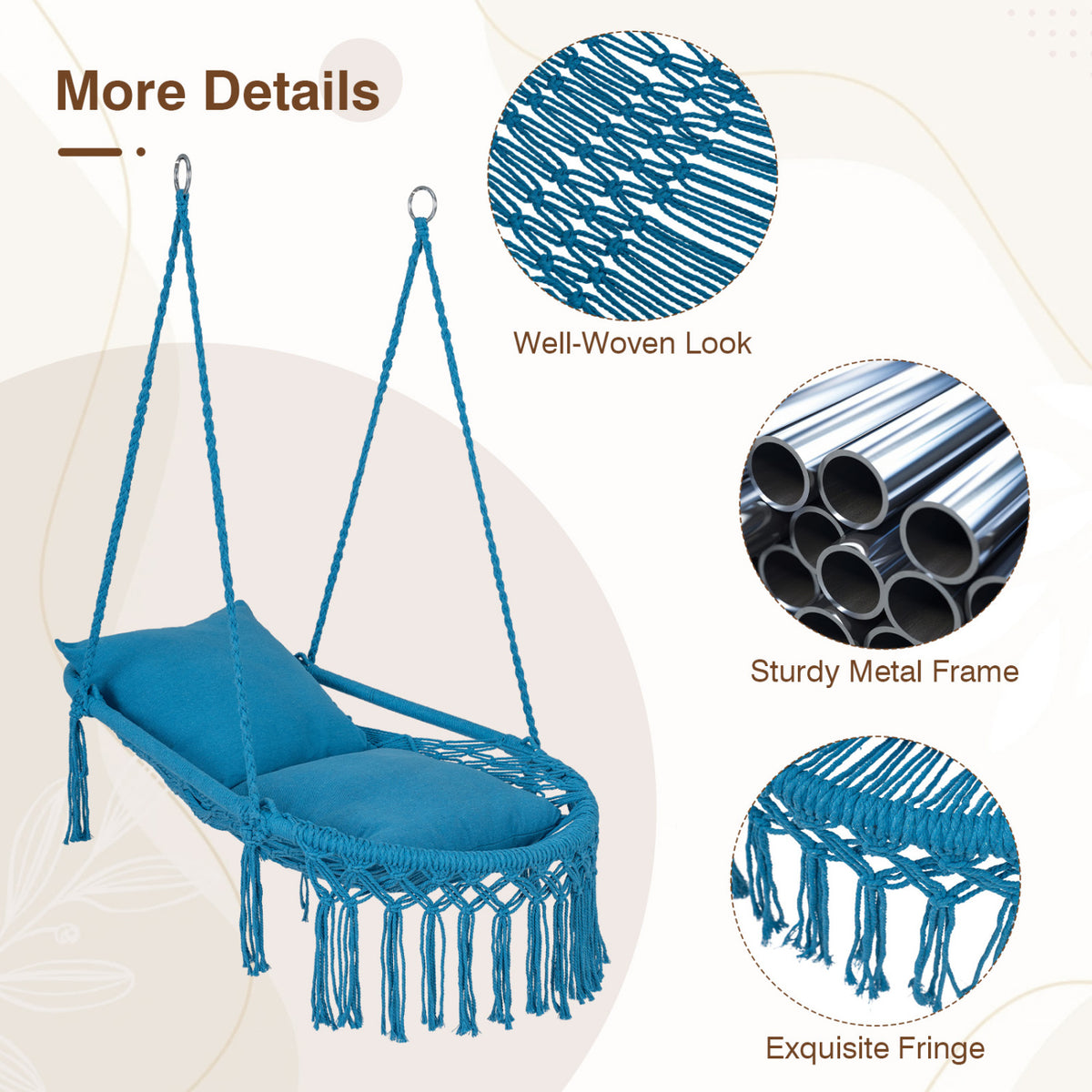 Macrame Swing Chair Hammock with 2 Cushions - Navy