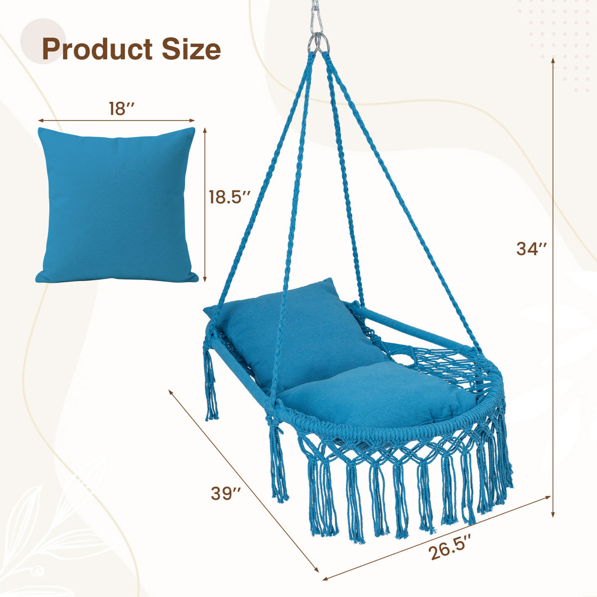 Macrame Swing Chair Hammock with 2 Cushions - Navy