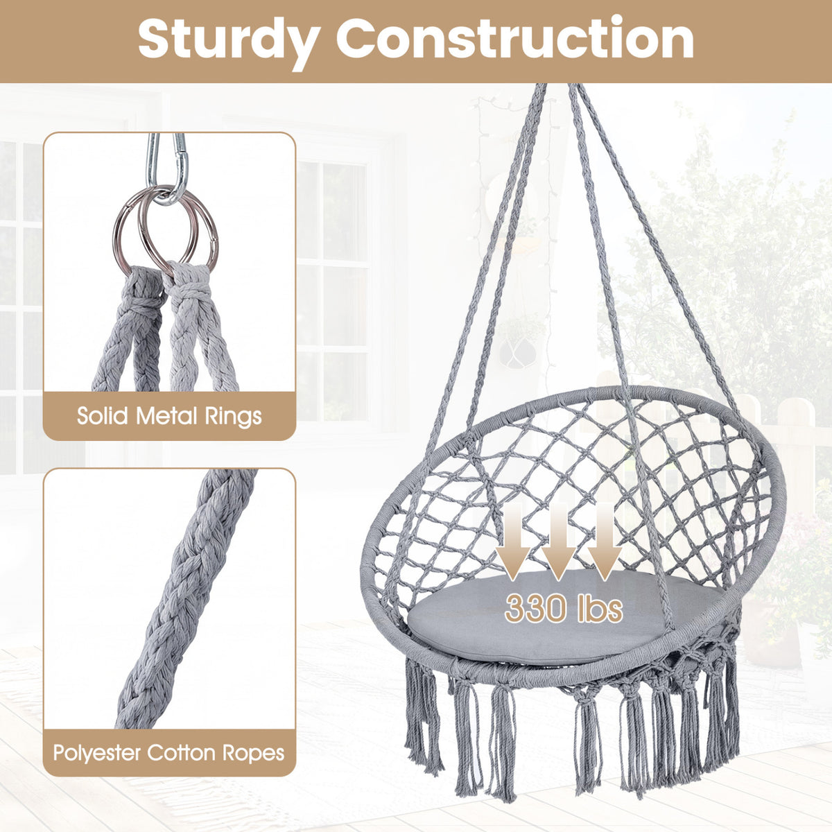 Macrame Swing Chair Hammock with Round Seat Cushion