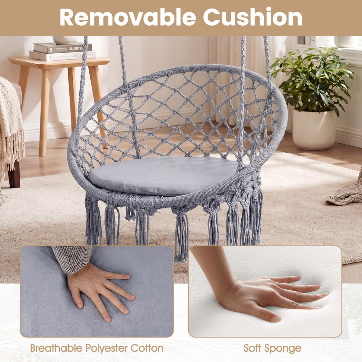 Macrame Swing Chair Hammock with Round Seat Cushion