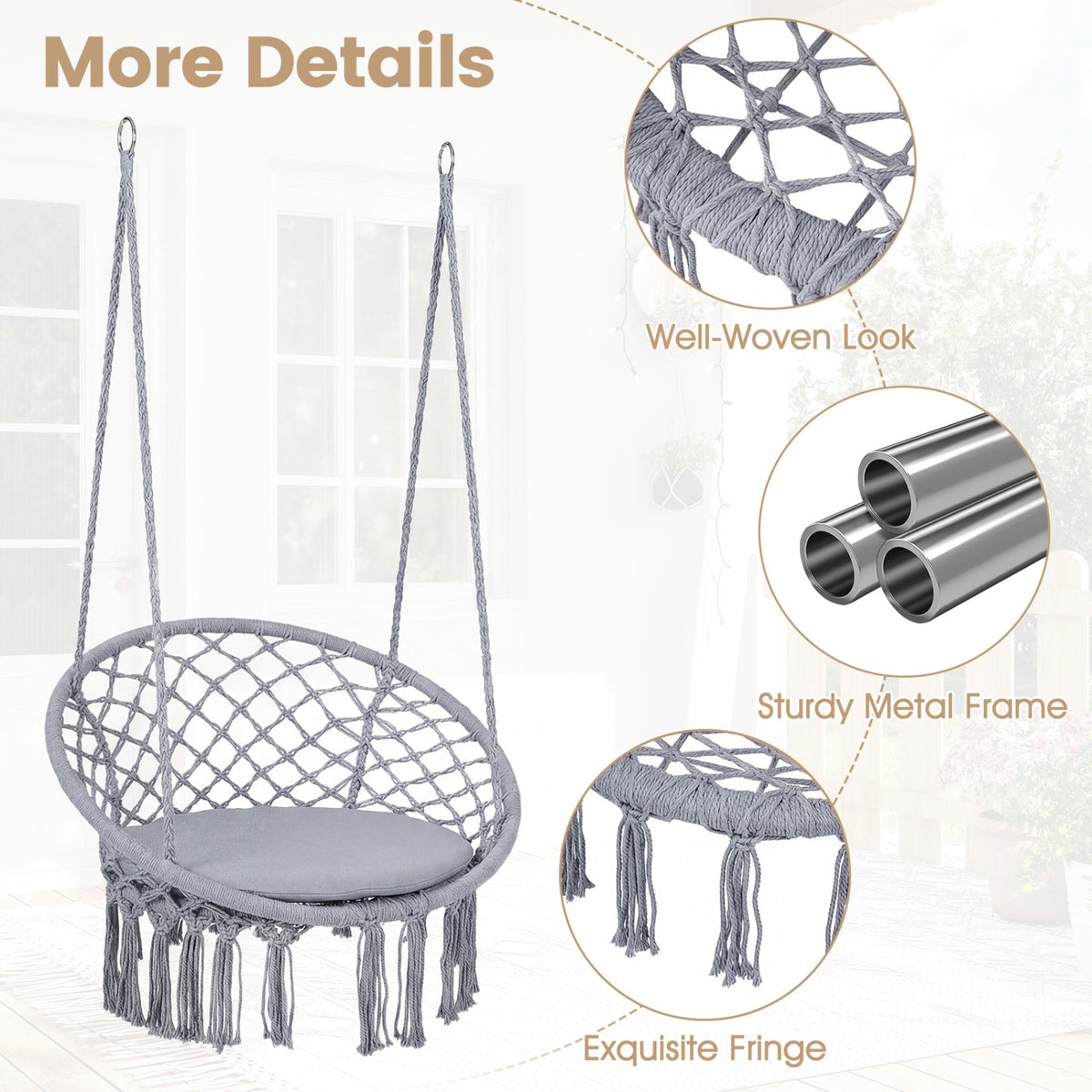 Macrame Swing Chair Hammock with Round Seat Cushion
