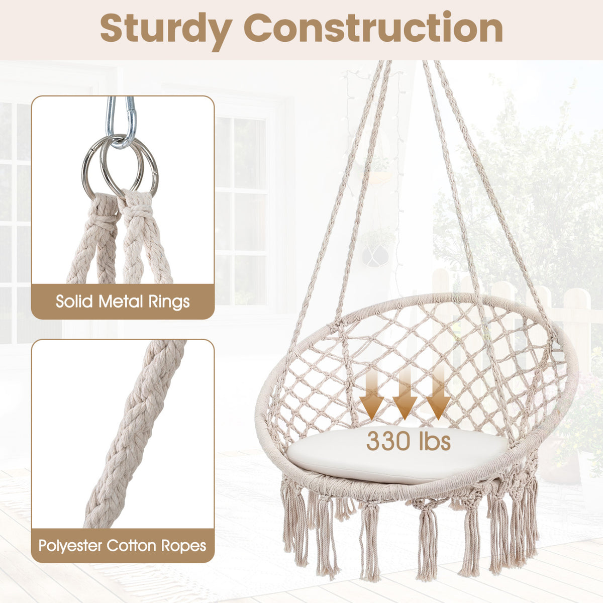 Macrame Swing Chair Hammock with Round Seat Cushion