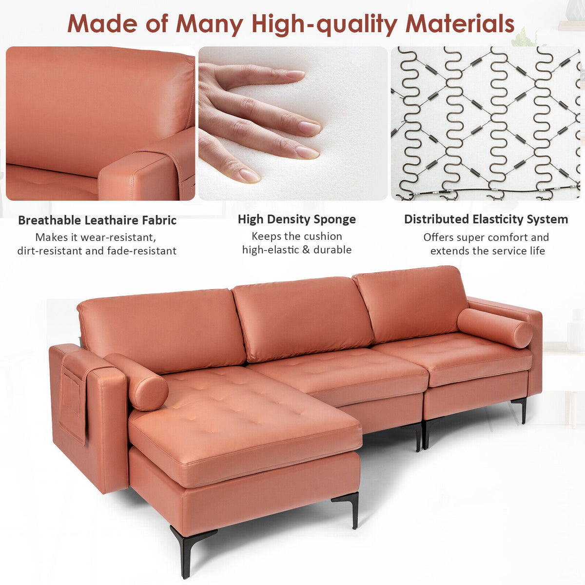 Modular L-Shaped 3-Seat Sectional Sofa with Reversible Chaise, Pink