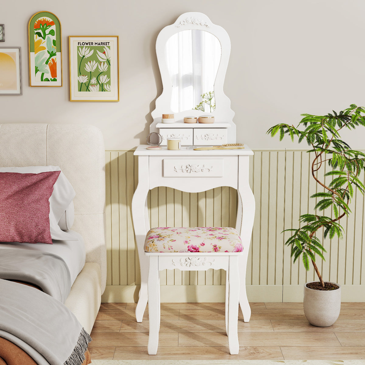 Makeup Dressing Table with Mirror, 3 Drawers & Stool - White