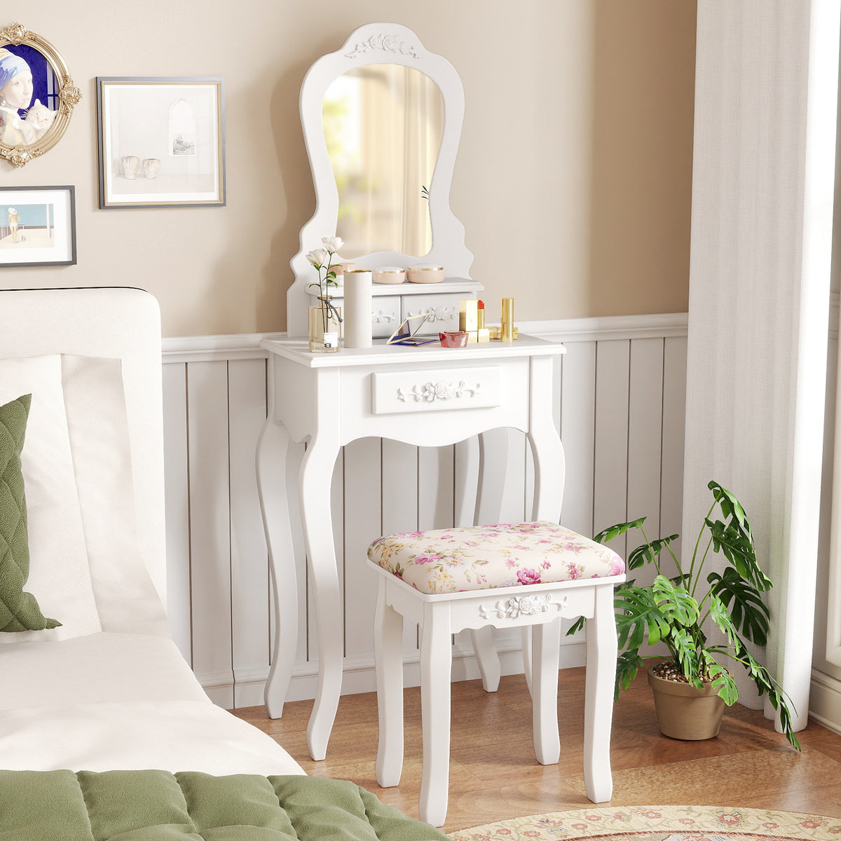 Makeup Dressing Table with Stool, 3 Drawers – White