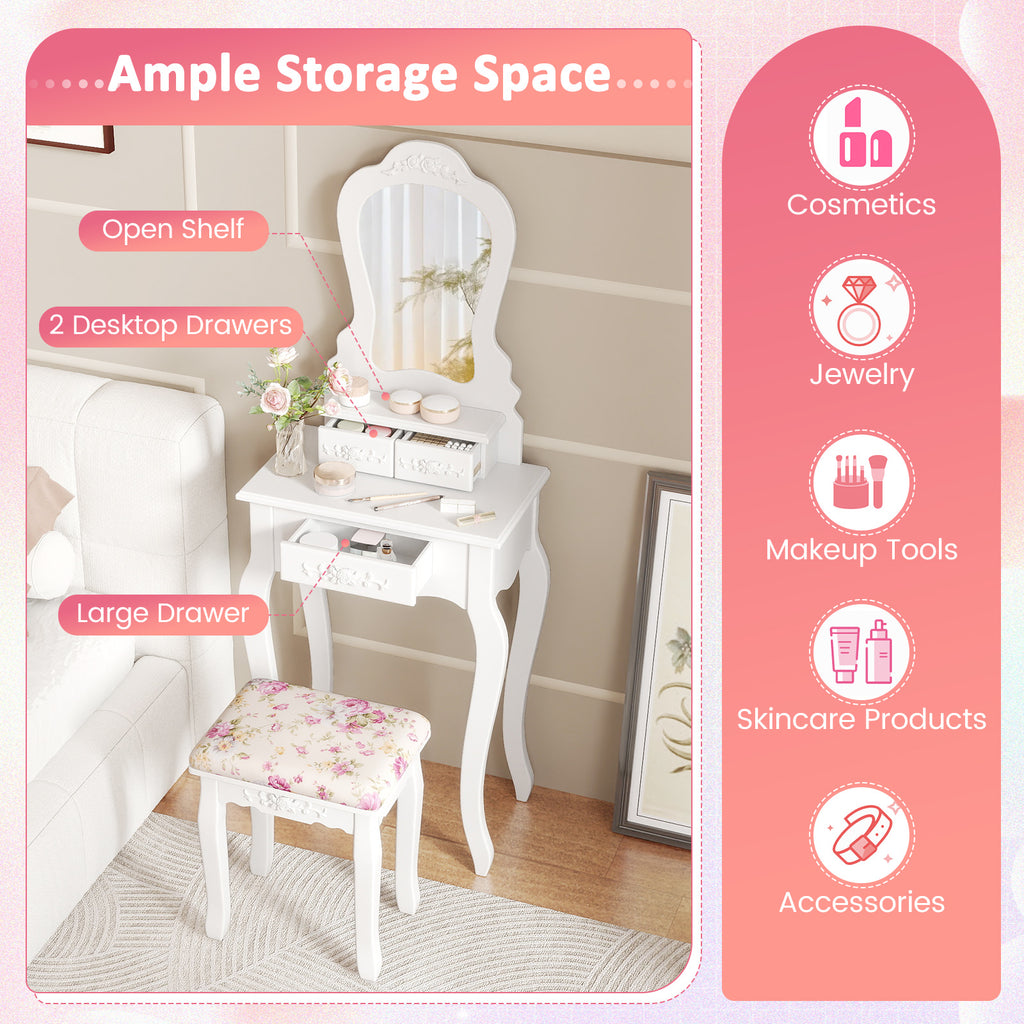 Makeup Dressing Table with Mirror, 3 Drawers & Stool - White
