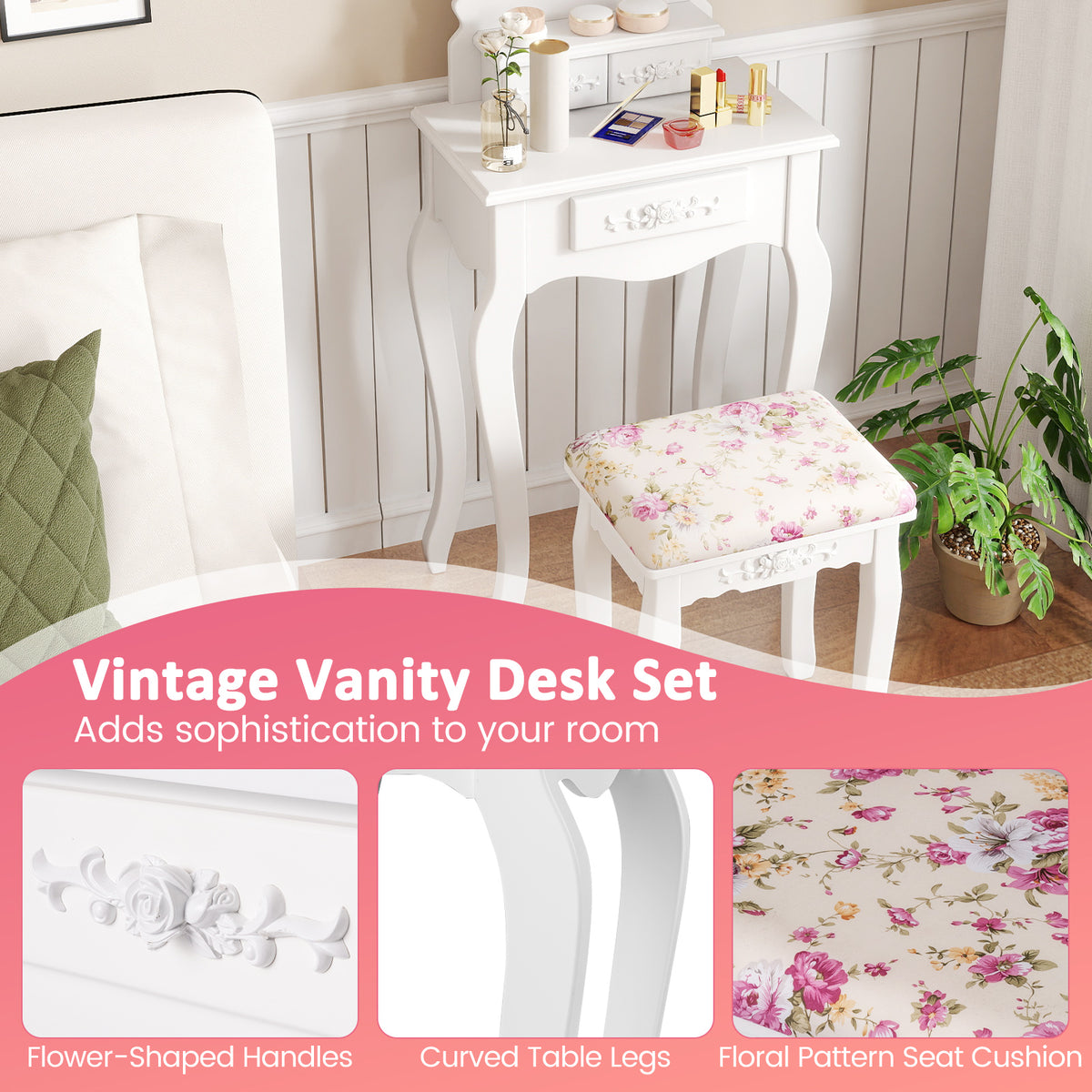 Makeup Dressing Table with Mirror, 3 Drawers & Stool - White