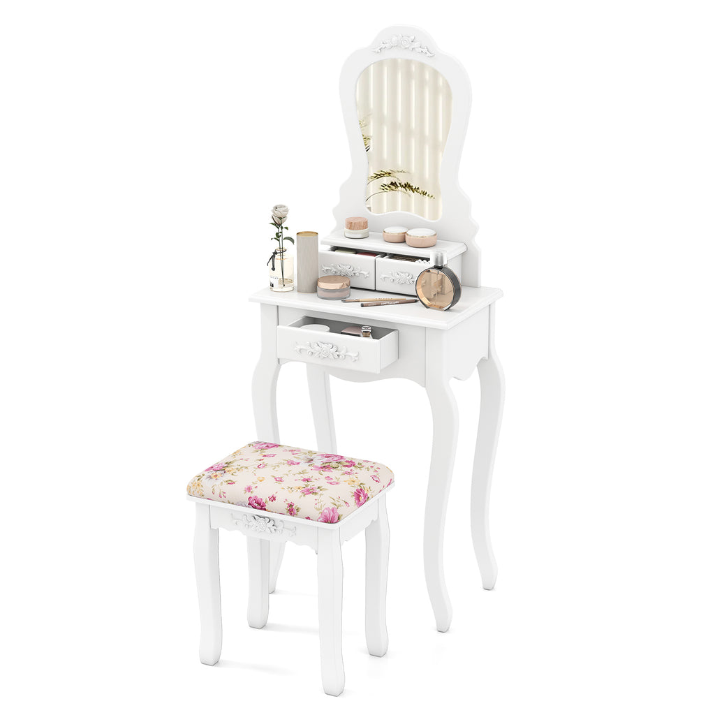 Makeup Dressing Table with Mirror, 3 Drawers & Stool - White