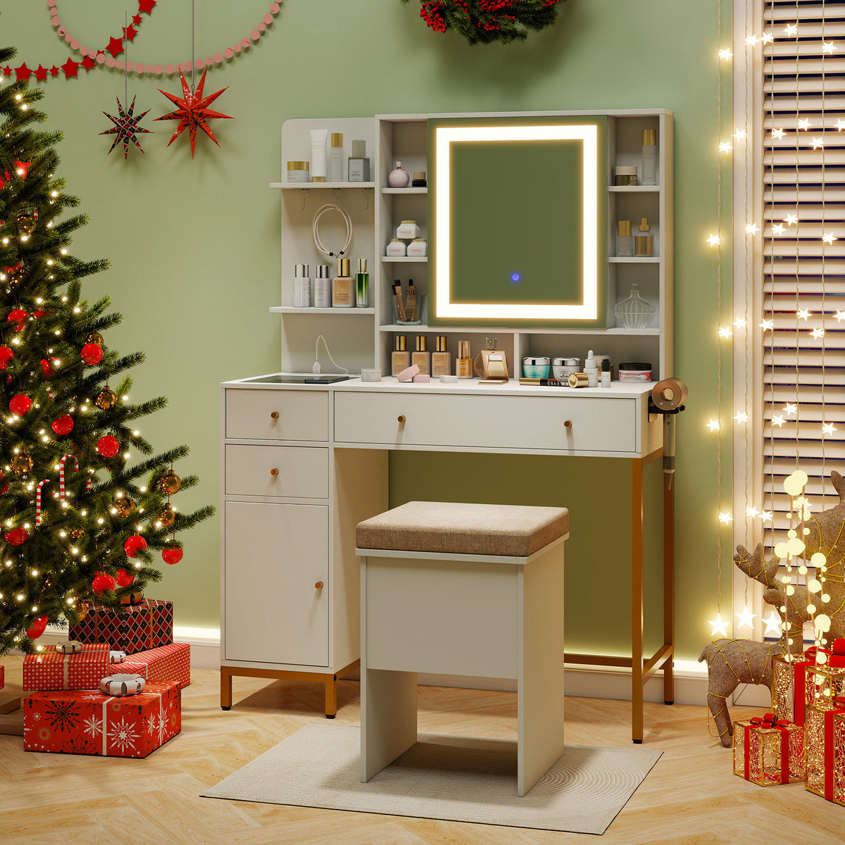 Makeup Dressing Table with Stool - 3 Lighting Modes, White