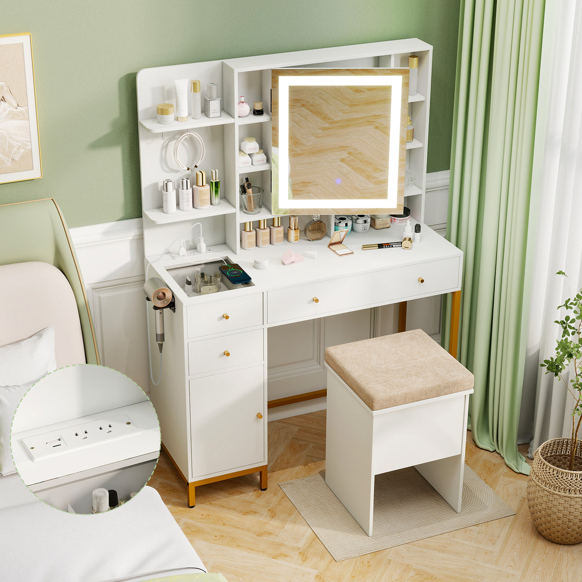 Makeup Dressing Table with Stool - 3 Lighting Modes, White