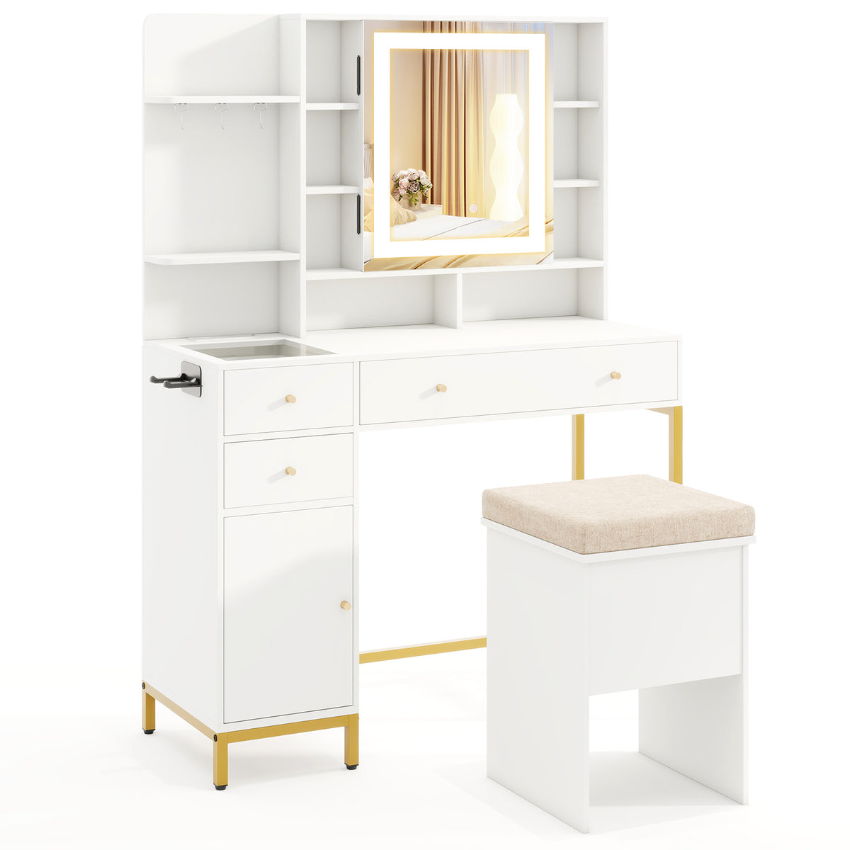 Makeup Dressing Table with Stool - 3 Lighting Modes, White