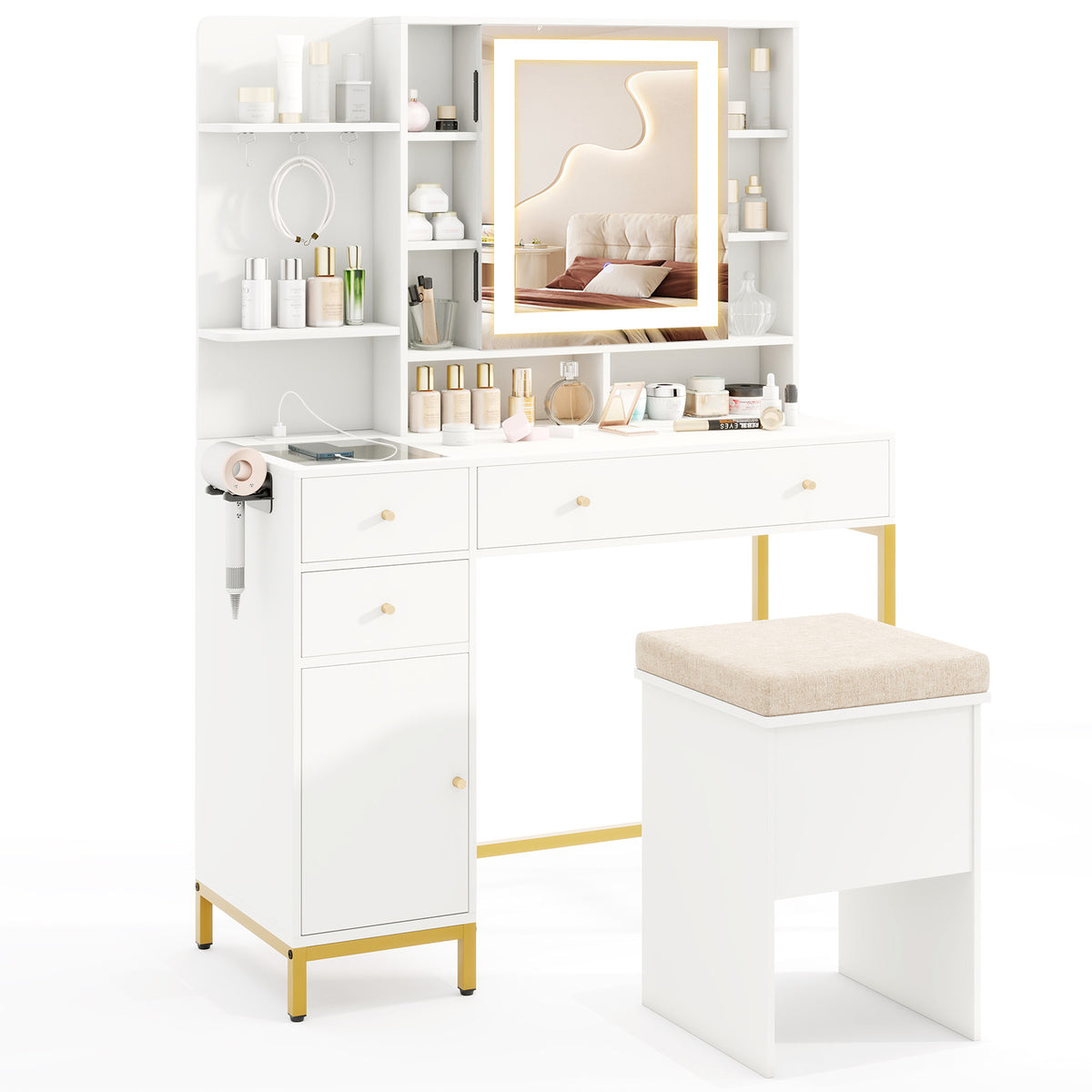Makeup Dressing Table with Stool - 3 Lighting Modes, White