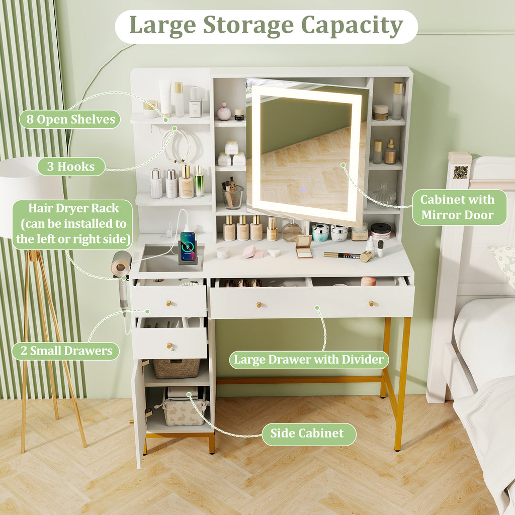 Makeup Dressing Table with Stool - 3 Lighting Modes, White