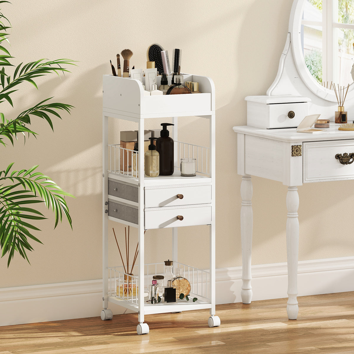 Makeup Organizer Cart with Drawers and Shelves - White