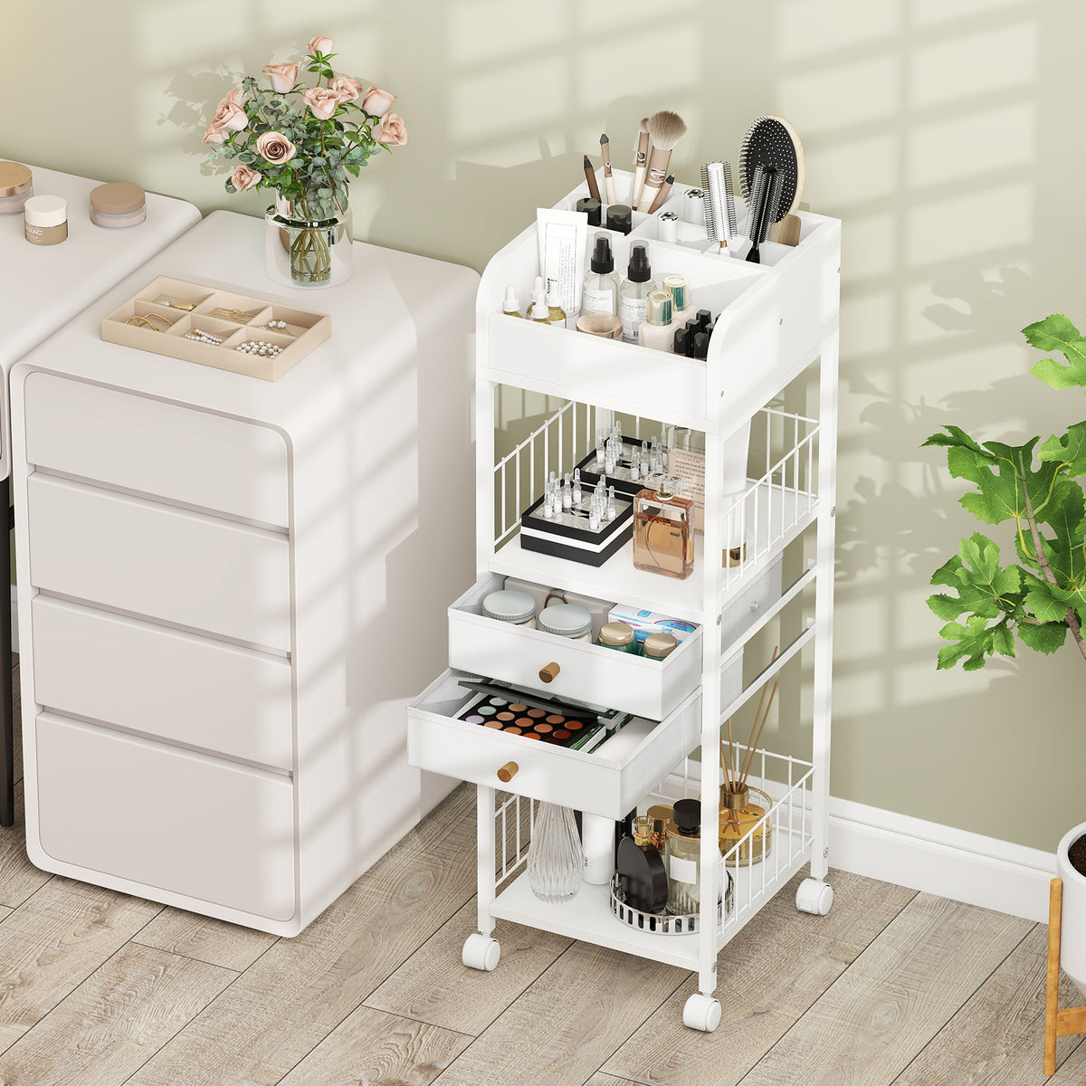 Makeup Organizer Cart with Drawers and Shelves - White