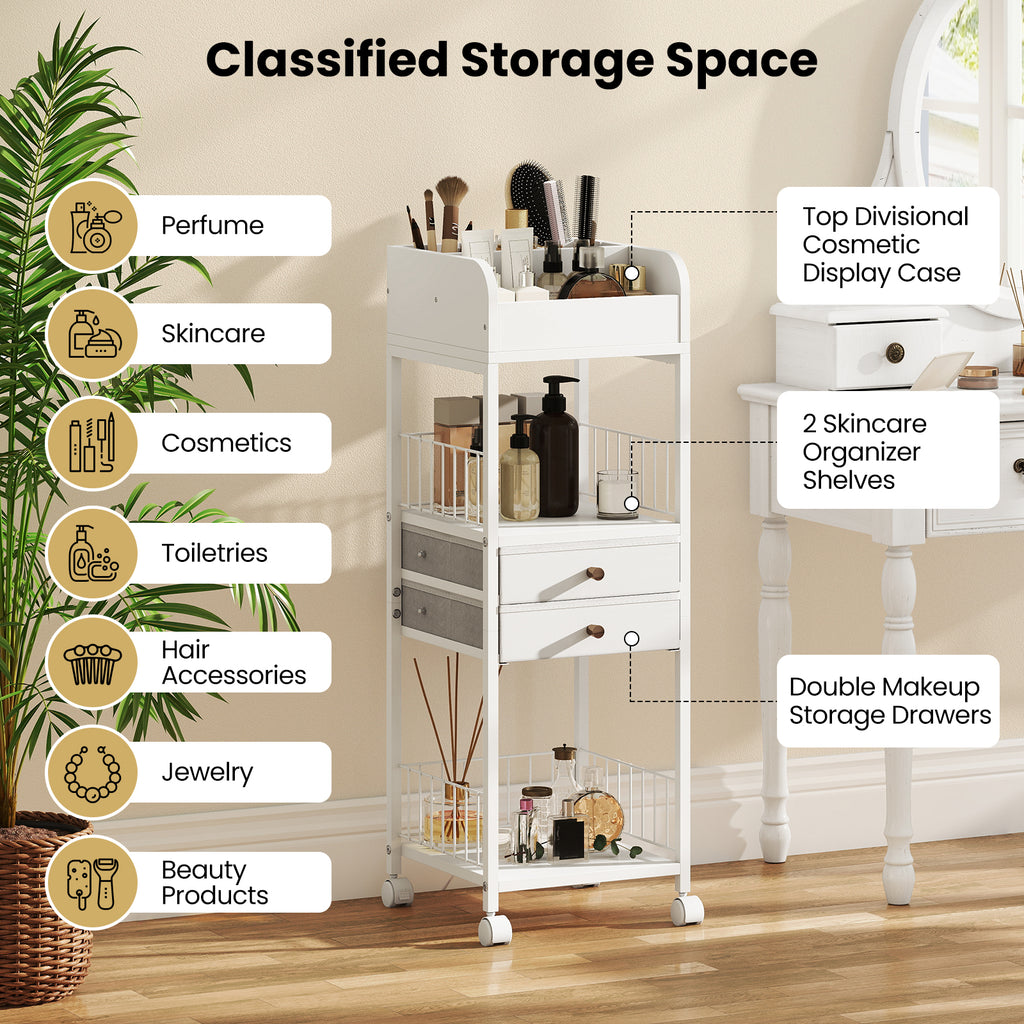 Makeup Organizer Cart with Drawers and Shelves - White