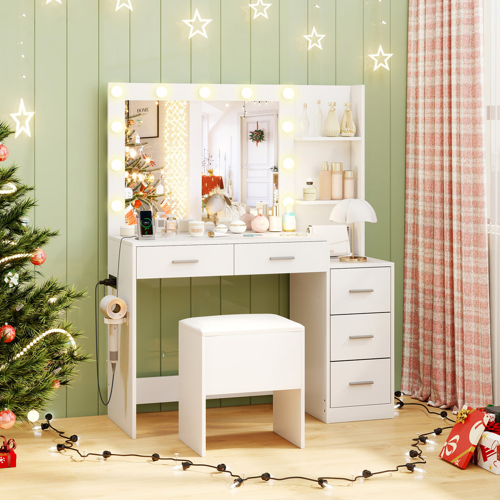 Makeup Vanity Table with Stool and Hair Dryer Stand - White
