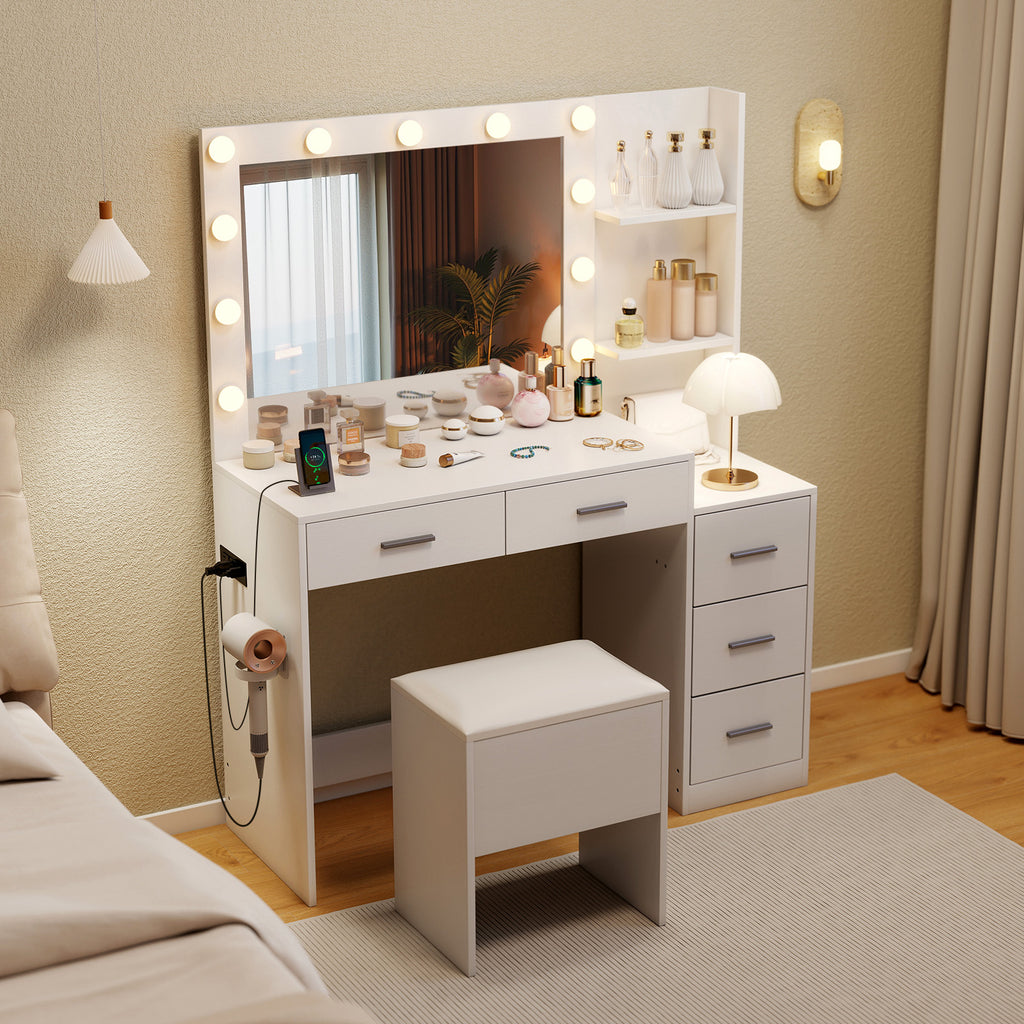 Makeup Vanity Table with Stool and Hair Dryer Stand - White