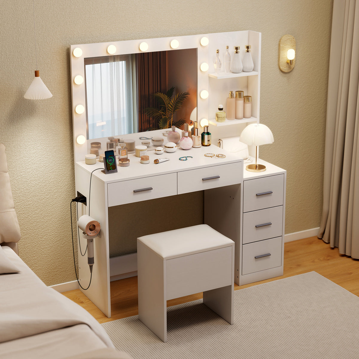 Makeup Vanity Table with Stool and Hair Dryer Stand - White