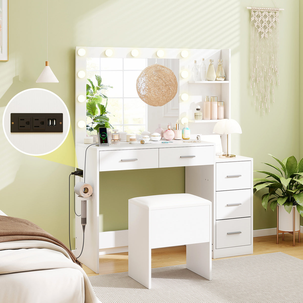Makeup Vanity Table with Stool and Hair Dryer Stand - White