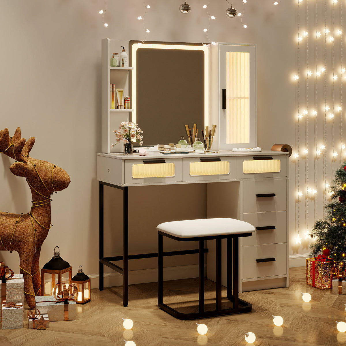 Makeup Vanity Desk with LED Mirror and 6 Drawers – White