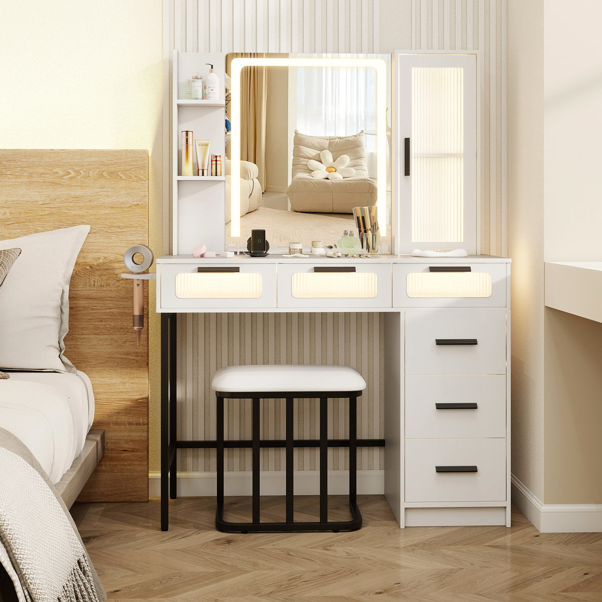 Makeup Vanity Desk with LED Mirror and 6 Drawers – White