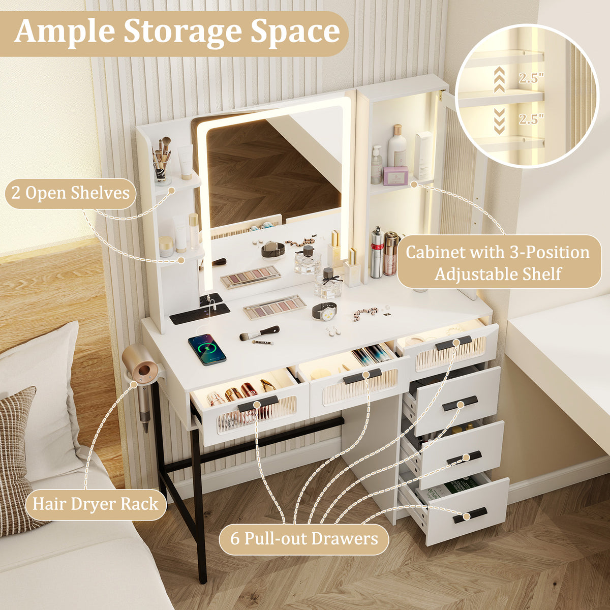 Makeup Vanity Desk with LED Mirror and 6 Drawers – White